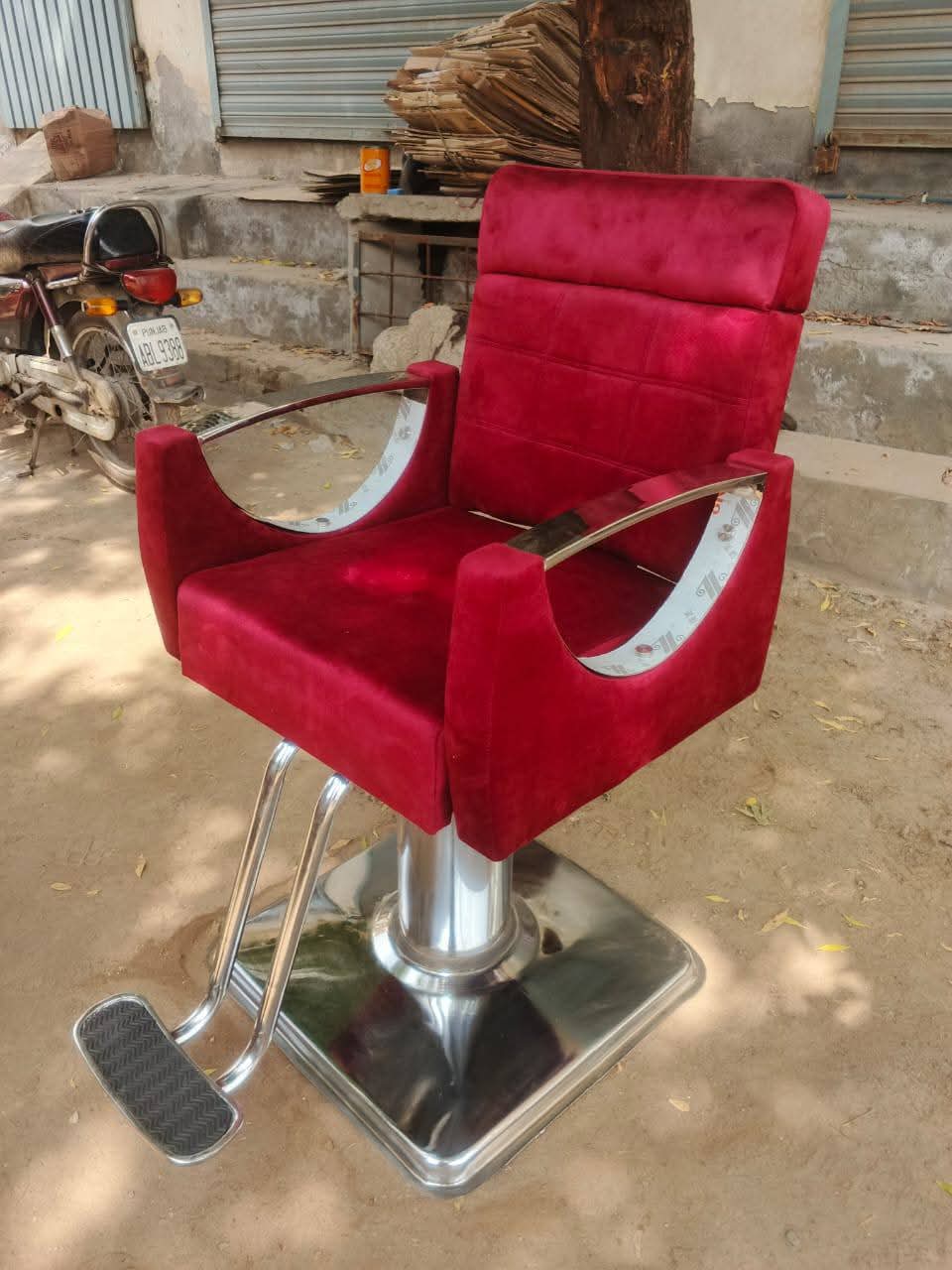 Premium Crimson Velvet Barber Chair with Chrome Accents